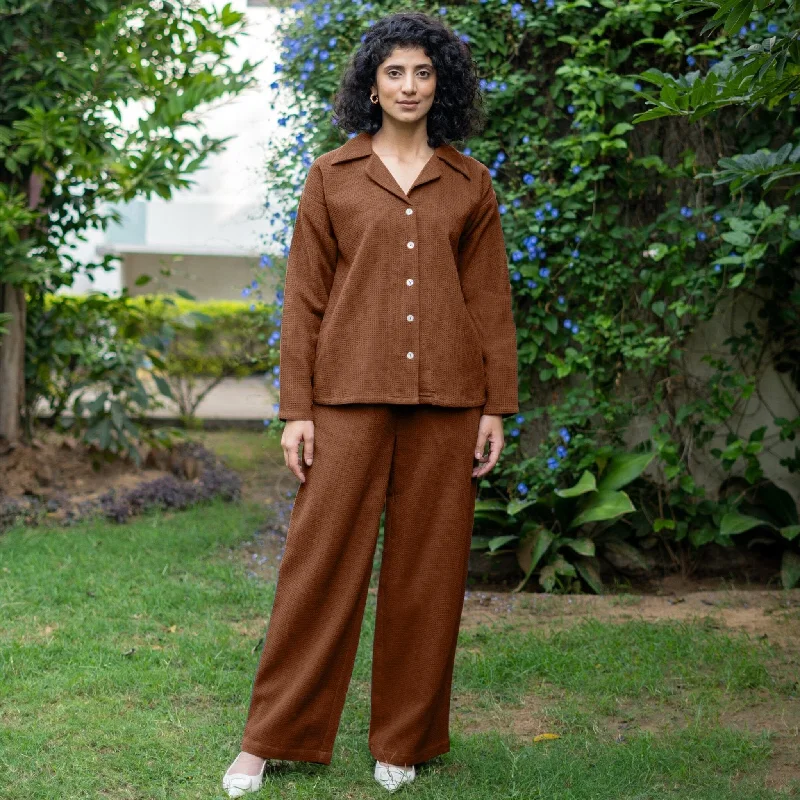 Blowout Deals Brown Warm Cotton Waffle High-Rise  Elasticated Pant