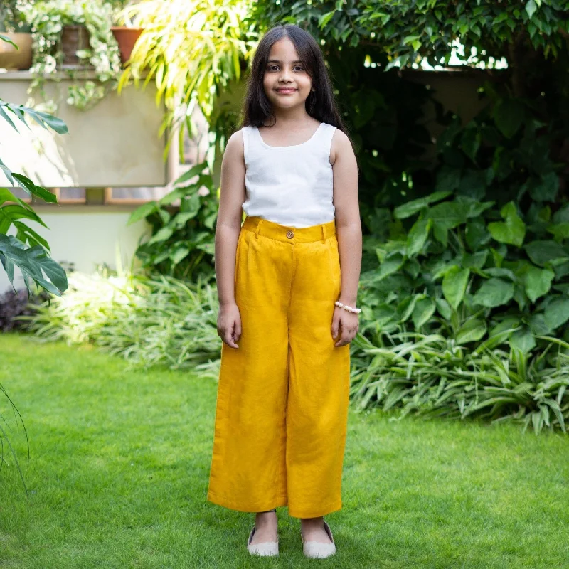 Weekend Discounts to Delight Girls - Mustard Cotton Flax Elasticated Wide Legged Pant