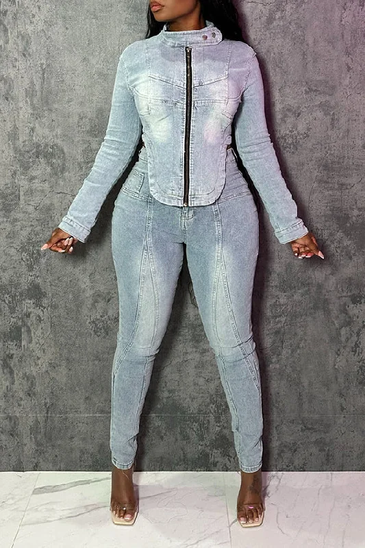 YEAR-End Sale Stylish Light Washed Denim Top & Pants Set