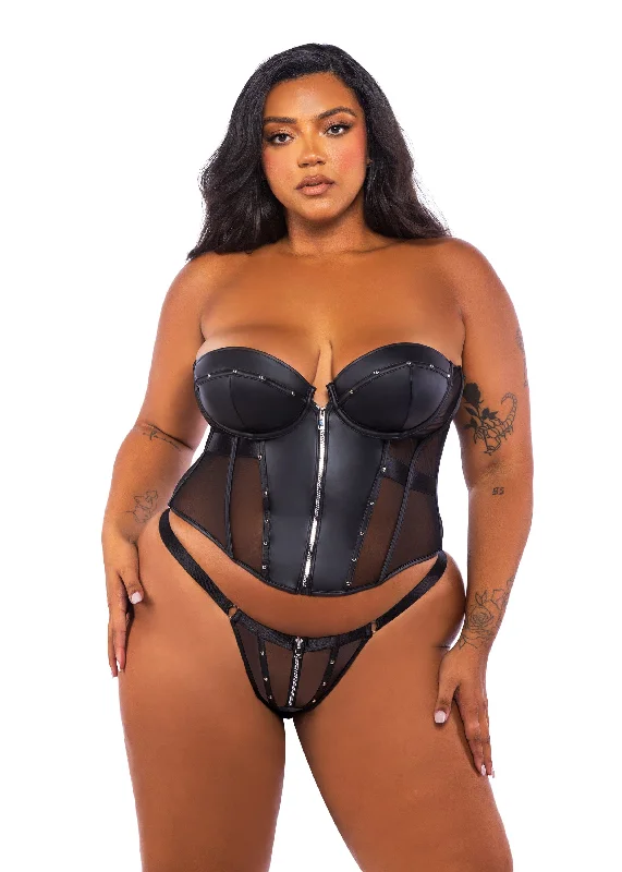 Plus Size Black Leather & Mesh Balconette Corset & Thong Zipper Panty Lingerie