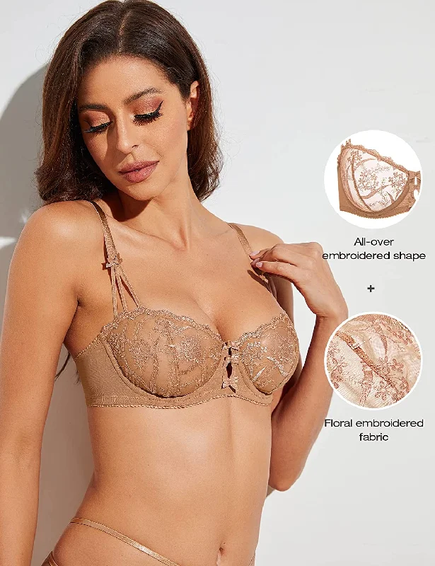 Embroidered Lace Unlined Bra Demi Sheer See Through Underwire Bras Mocha Latte Coffee