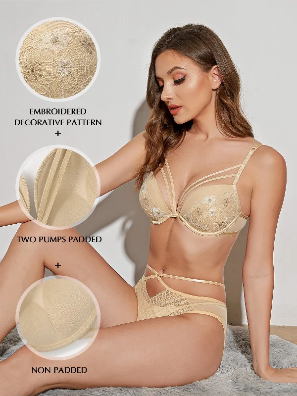 Floral Lace Embroidery Push Up Bra Nude