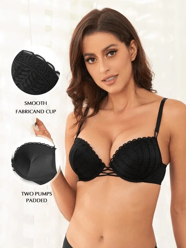 Push Up Floral Lace Underwire Bra Black