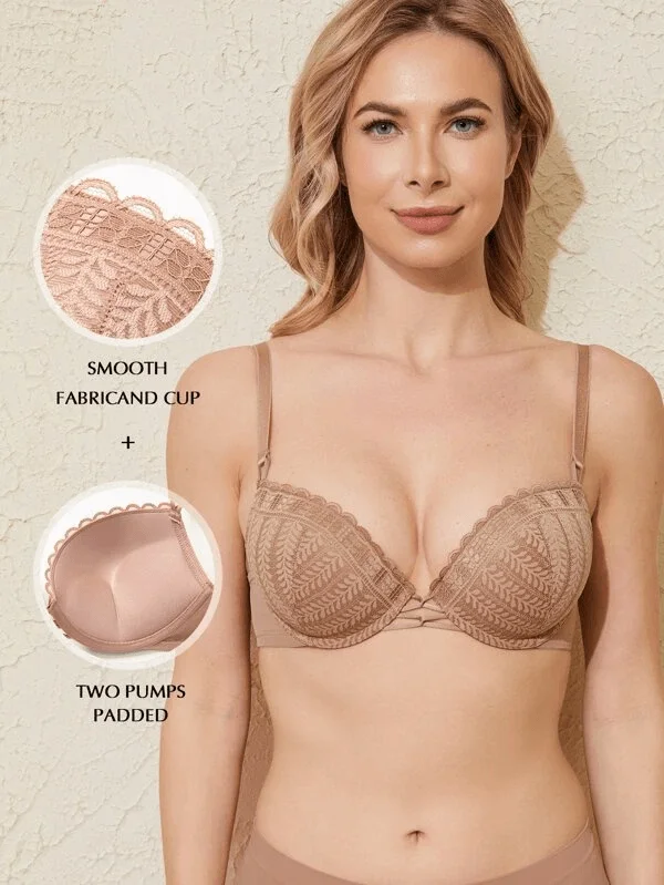 Push Up Floral Lace Underwire Bra Milk Coffee