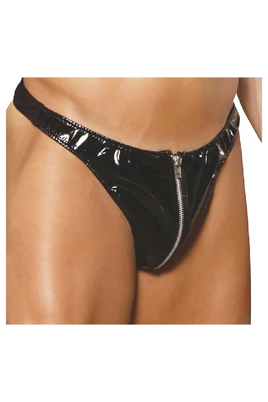 Men's Zip up Black Vinyl Thong