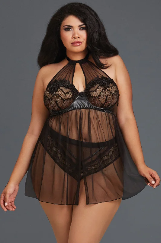 Plus Size Sheer Mesh and Lace High Neck Babydoll