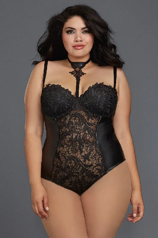 Plus Size Venetian Lace and Faux Leather Teddy