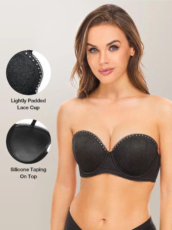 Full Coverage Embroidery Pattern Lace Push Up Multiway Strapless Underwire Bra Black