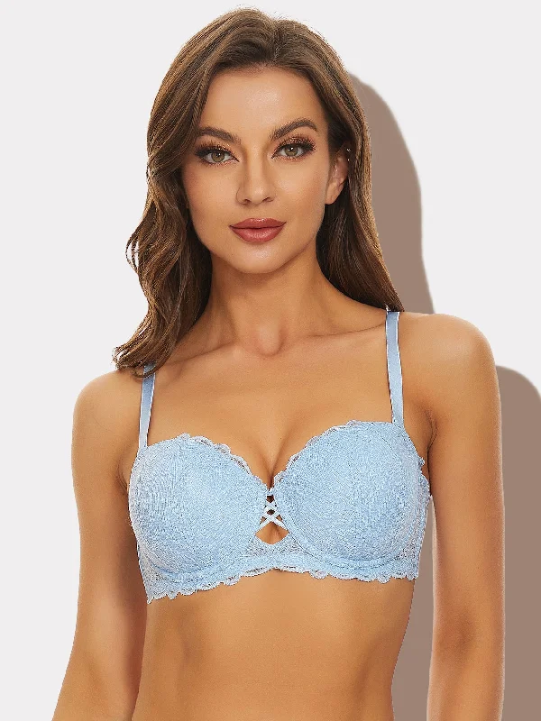 Sexy Lace Balconette Push up Bra Light Blue